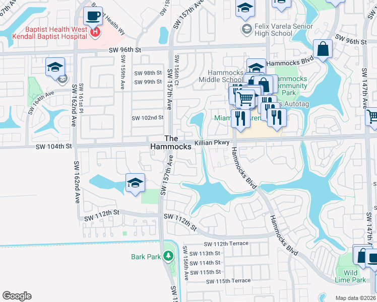 map of restaurants, bars, coffee shops, grocery stores, and more near in The Hammocks