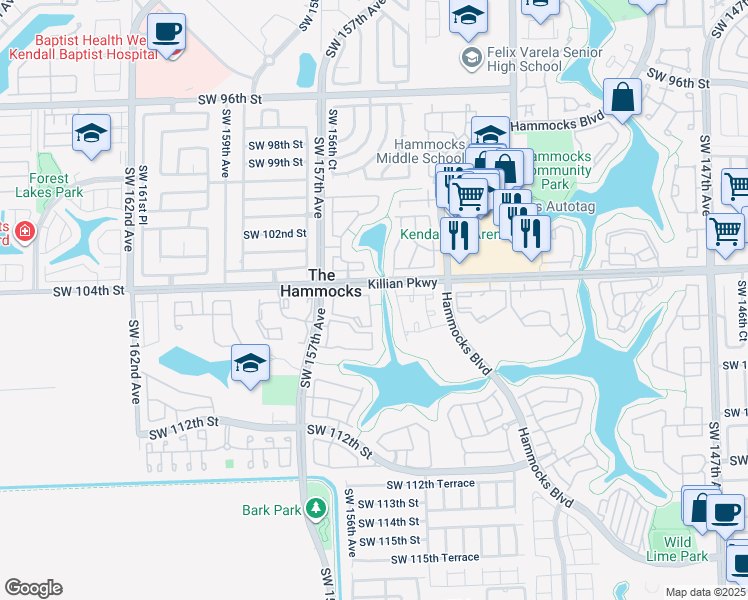 map of restaurants, bars, coffee shops, grocery stores, and more near 10410 Southwest 154th Court in Miami