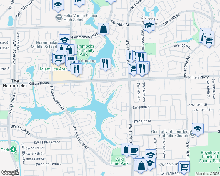 map of restaurants, bars, coffee shops, grocery stores, and more near 10441 Mahogany Key Circle in Miami