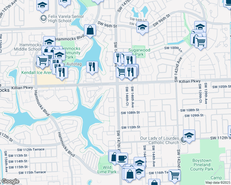 map of restaurants, bars, coffee shops, grocery stores, and more near 10423 Southwest 147th Court in Miami