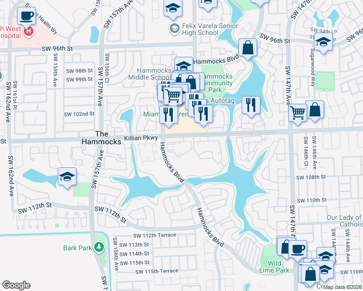 map of restaurants, bars, coffee shops, grocery stores, and more near 15270 Southwest 104th Street in Miami