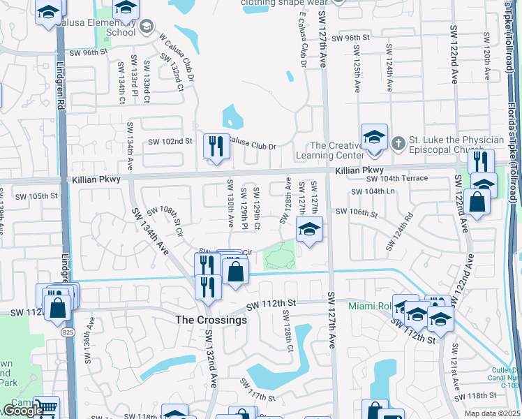 map of restaurants, bars, coffee shops, grocery stores, and more near 10560 Southwest 129th Court in Miami