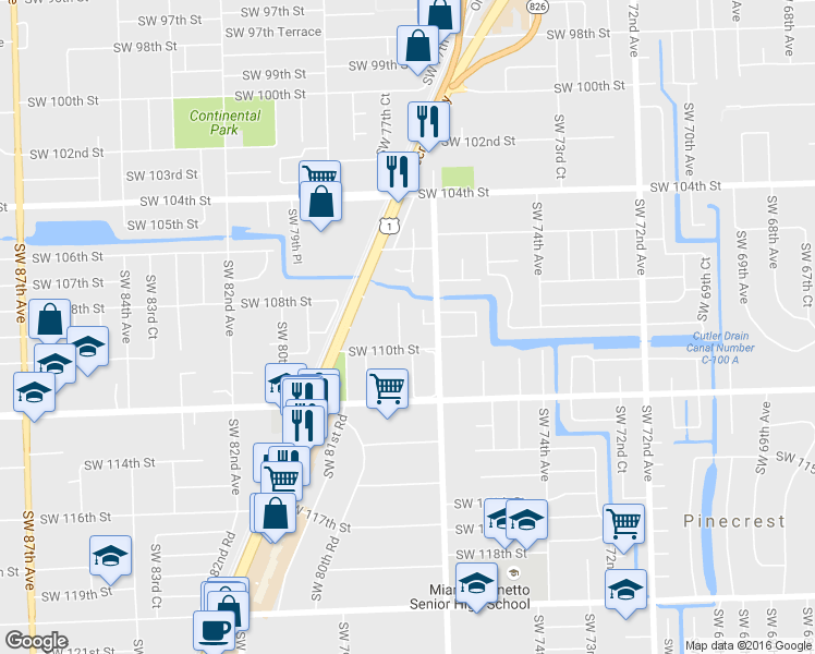 map of restaurants, bars, coffee shops, grocery stores, and more near 10840 Southwest 78th Avenue in Miami