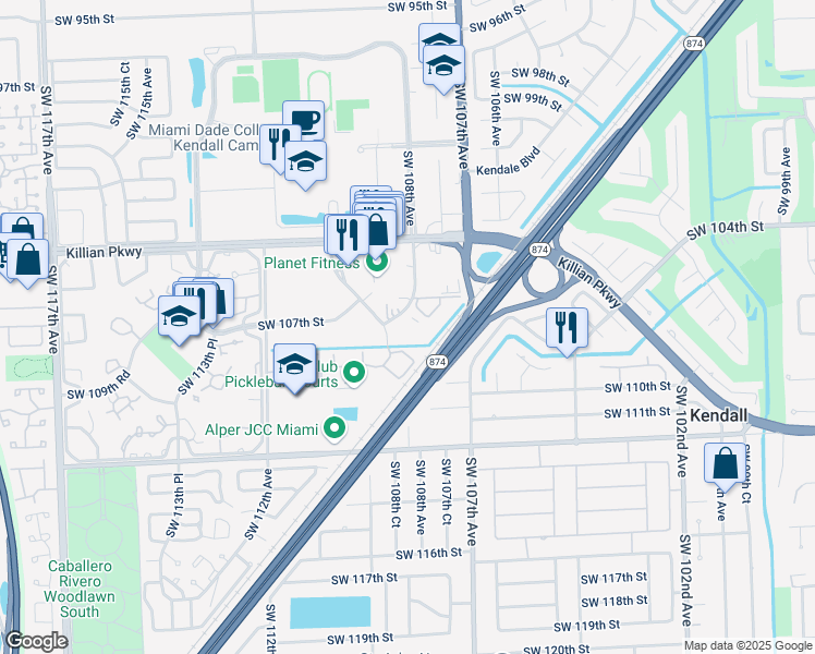 map of restaurants, bars, coffee shops, grocery stores, and more near 10785 Southwest 108th Avenue in Miami