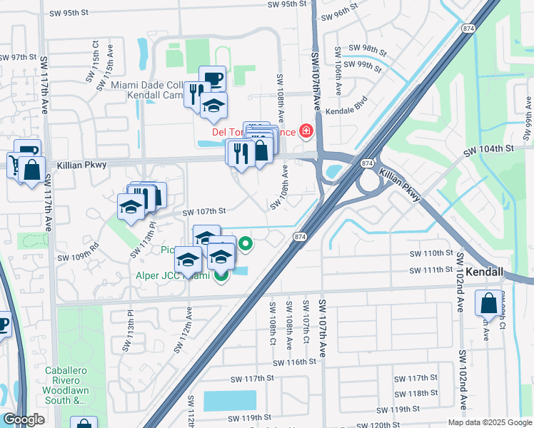 map of restaurants, bars, coffee shops, grocery stores, and more near 10780 Southwest 109th Court in Miami