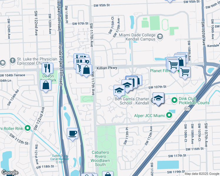 map of restaurants, bars, coffee shops, grocery stores, and more near 11521 Southwest 109th Road in Miami