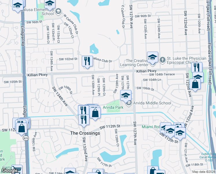 map of restaurants, bars, coffee shops, grocery stores, and more near 10560 Southwest 129th Court in Miami