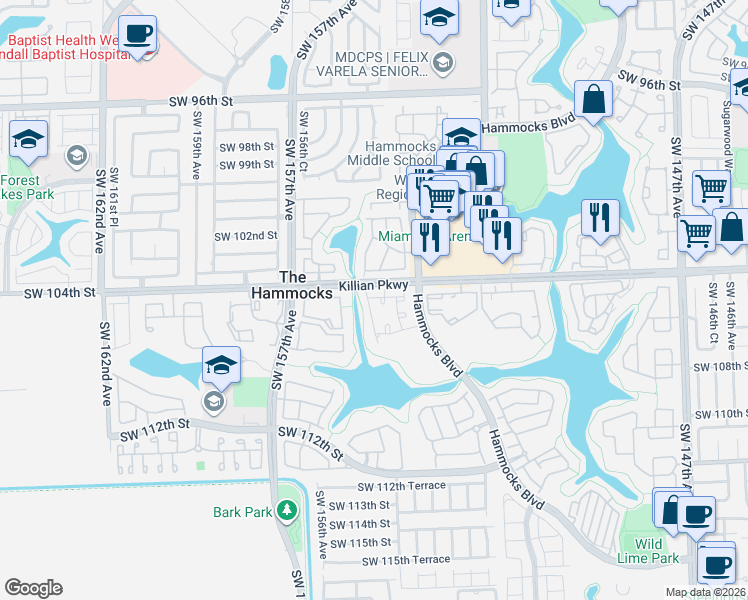 map of restaurants, bars, coffee shops, grocery stores, and more near 10410 Southwest 154th Court in Miami