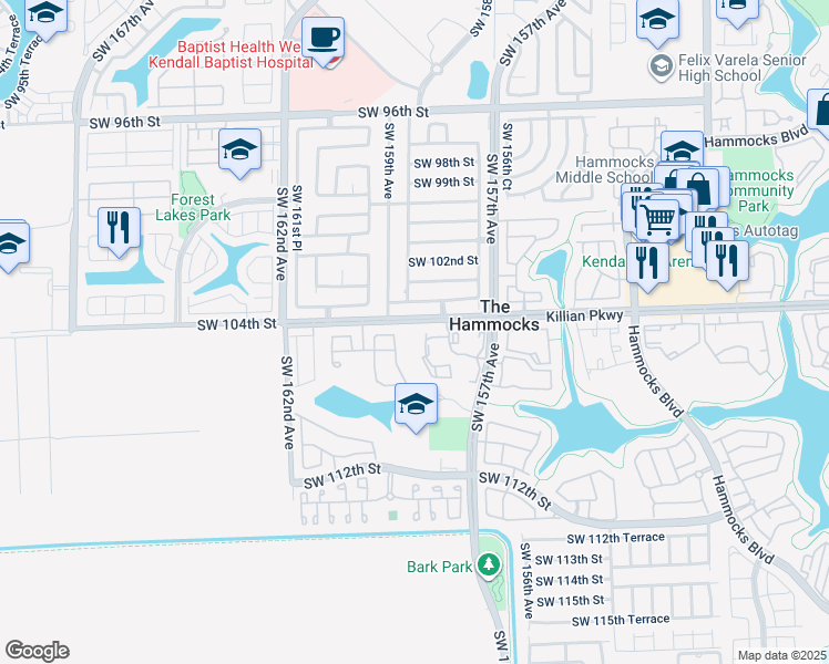 map of restaurants, bars, coffee shops, grocery stores, and more near 15810 Southwest 103rd Lane in Miami