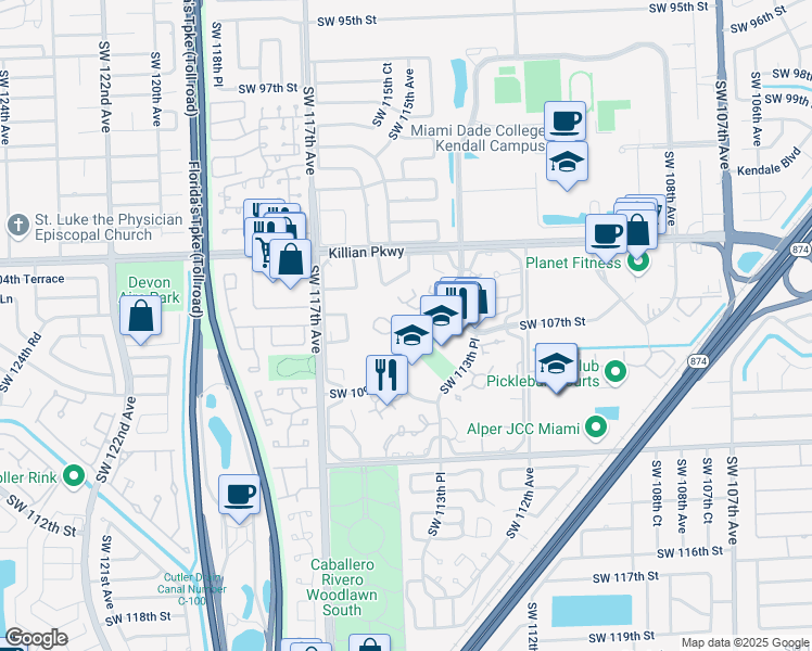 map of restaurants, bars, coffee shops, grocery stores, and more near 11451 Southwest 109th Road in Miami