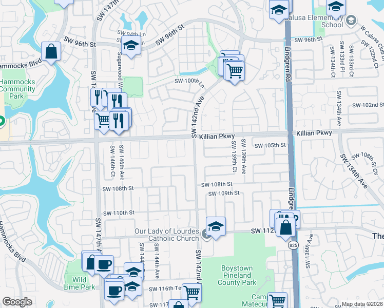 map of restaurants, bars, coffee shops, grocery stores, and more near 10511 Southwest 142nd Avenue in Miami