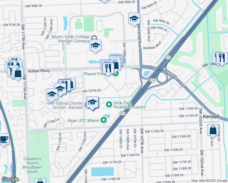 map of restaurants, bars, coffee shops, grocery stores, and more near 10780 Southwest 109th Court in Miami