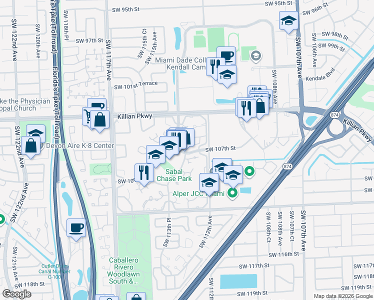 map of restaurants, bars, coffee shops, grocery stores, and more near 10611 Southwest 113th Place in Miami