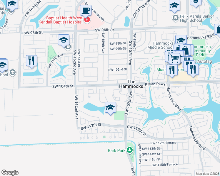 map of restaurants, bars, coffee shops, grocery stores, and more near 15810 Southwest 103rd Lane in Miami