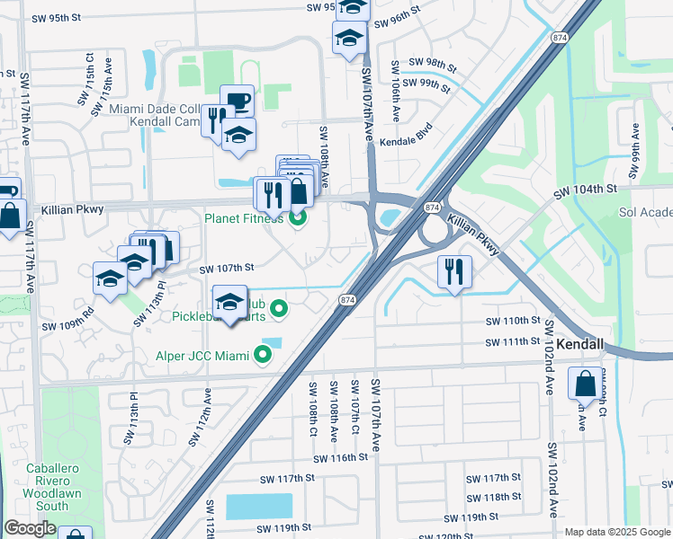 map of restaurants, bars, coffee shops, grocery stores, and more near 10785 Southwest 108th Avenue in Miami