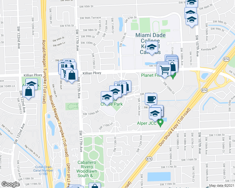 map of restaurants, bars, coffee shops, grocery stores, and more near 10680 Southwest 113th Place in Miami