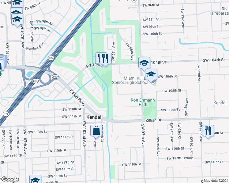 map of restaurants, bars, coffee shops, grocery stores, and more near 10750 SW 98th Ct in Miami