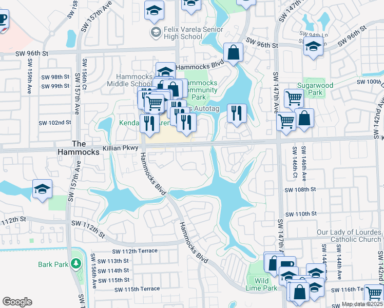 map of restaurants, bars, coffee shops, grocery stores, and more near 15000 Southwest 104th Street in Miami