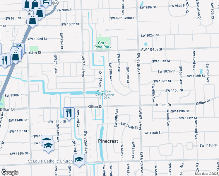 map of restaurants, bars, coffee shops, grocery stores, and more near 10900 Southwest 69th Avenue in Miami