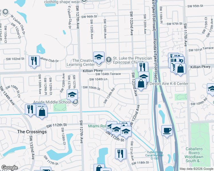 map of restaurants, bars, coffee shops, grocery stores, and more near 10511 Southwest 124th Avenue in Miami