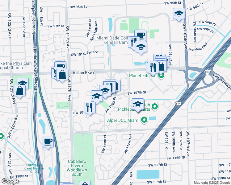 map of restaurants, bars, coffee shops, grocery stores, and more near 10615 Southwest 106th Street in Miami