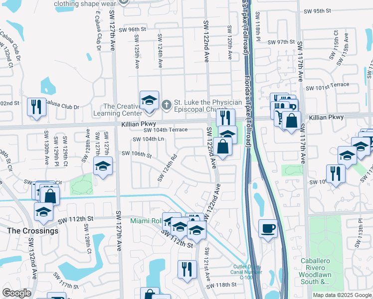 map of restaurants, bars, coffee shops, grocery stores, and more near 12320 Southwest 105th Street in Miami