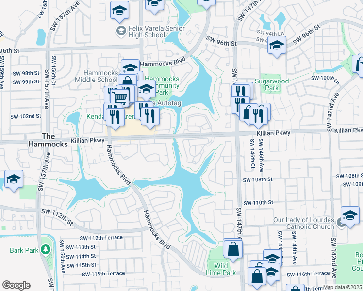 map of restaurants, bars, coffee shops, grocery stores, and more near 15012-15098 Killian Parkway in Miami