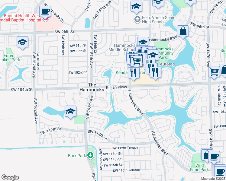 map of restaurants, bars, coffee shops, grocery stores, and more near 10410 Southwest 154th Court in Miami