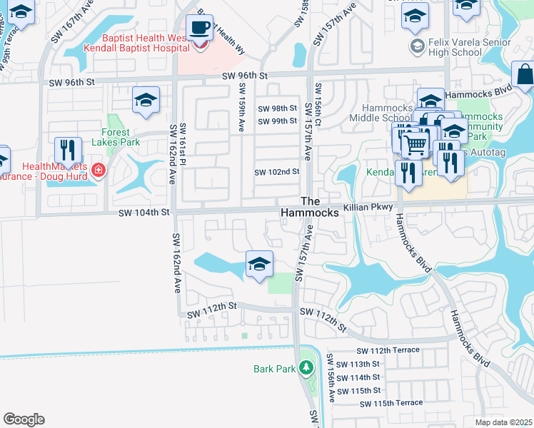 map of restaurants, bars, coffee shops, grocery stores, and more near 15810 Southwest 103rd Lane in Miami