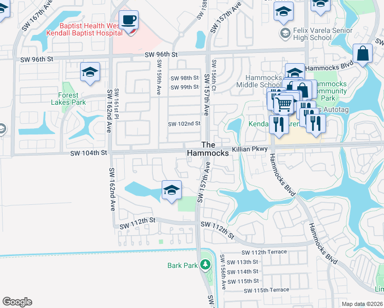 map of restaurants, bars, coffee shops, grocery stores, and more near 10421 Southwest 157th Place in Miami