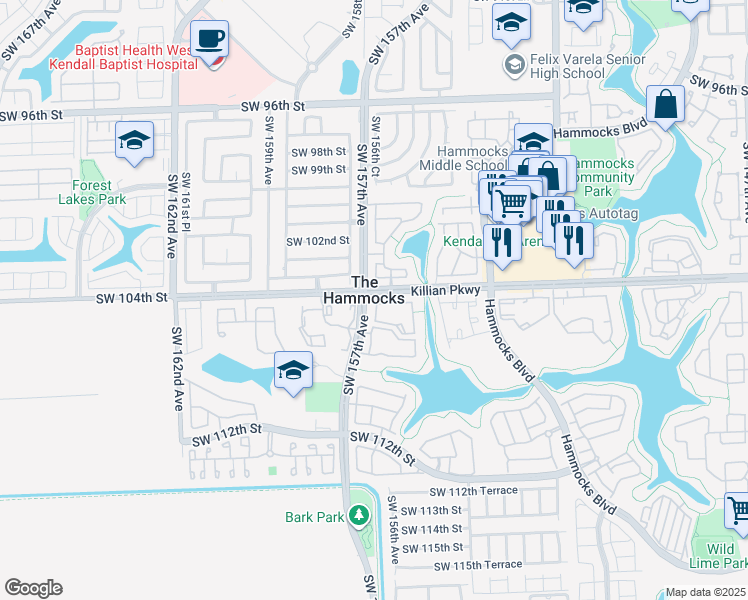 map of restaurants, bars, coffee shops, grocery stores, and more near 15661 Southwest 104th Terrace in Miami