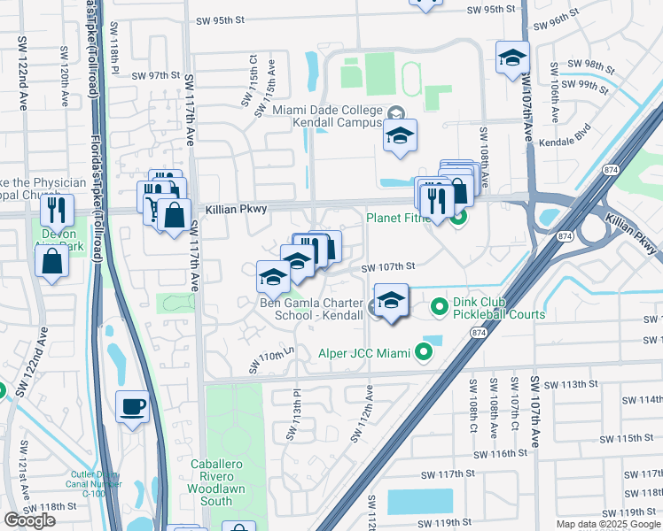 map of restaurants, bars, coffee shops, grocery stores, and more near 10615 Southwest 106th Street in Miami