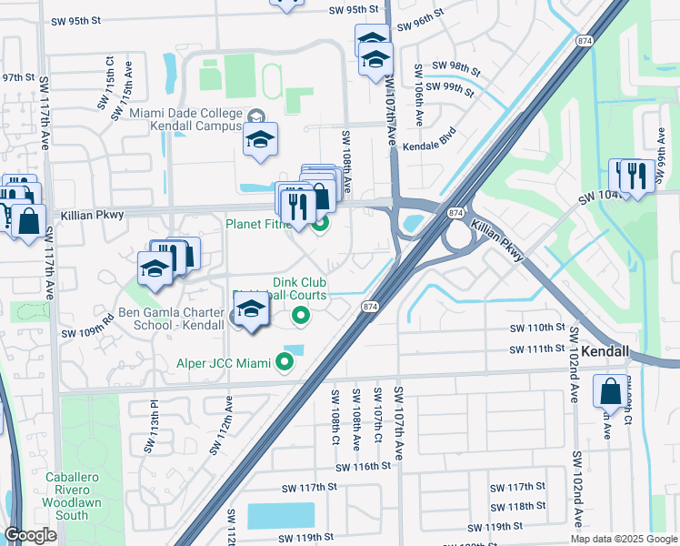 map of restaurants, bars, coffee shops, grocery stores, and more near 10785 Southwest 108th Avenue in Miami