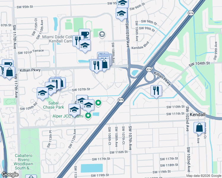 map of restaurants, bars, coffee shops, grocery stores, and more near 10785 Southwest 108th Avenue in Miami