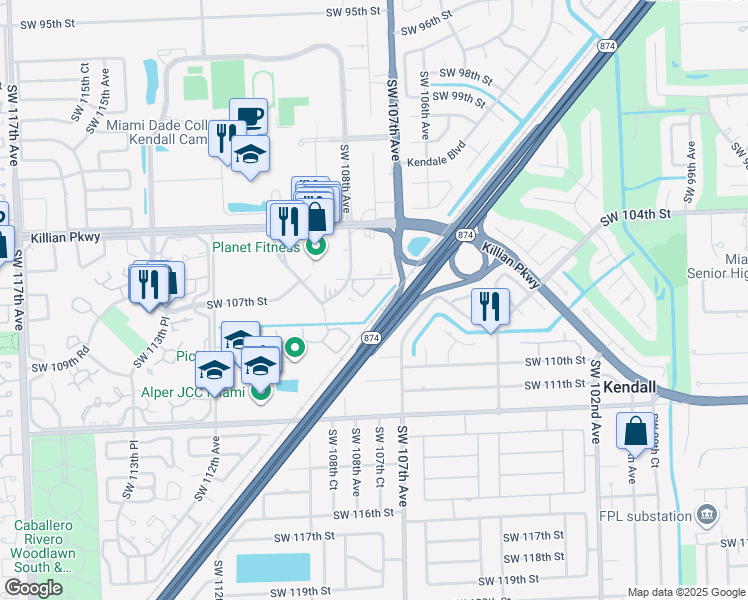 map of restaurants, bars, coffee shops, grocery stores, and more near 10651 Southwest 108th Avenue in Miami