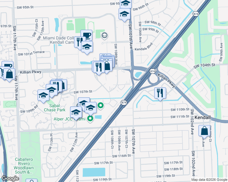 map of restaurants, bars, coffee shops, grocery stores, and more near 10785 Southwest 108th Avenue in Miami