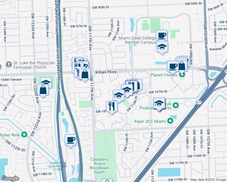 map of restaurants, bars, coffee shops, grocery stores, and more near 11451 Southwest 109th Road in Miami