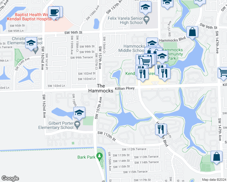 map of restaurants, bars, coffee shops, grocery stores, and more near in The Hammocks
