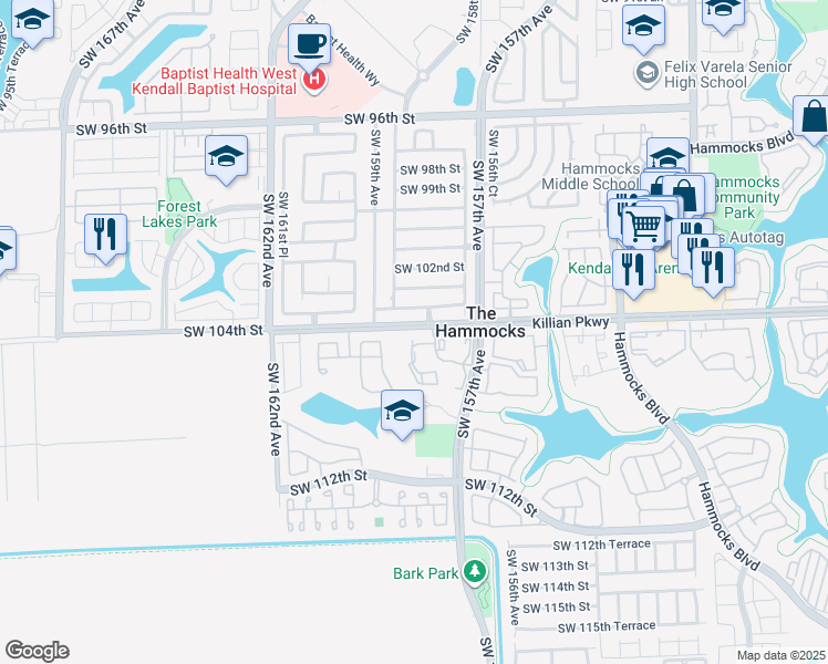 map of restaurants, bars, coffee shops, grocery stores, and more near 15810 Southwest 103rd Lane in Miami