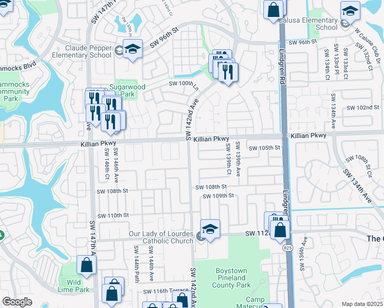 map of restaurants, bars, coffee shops, grocery stores, and more near 10511 Southwest 142nd Avenue in Miami