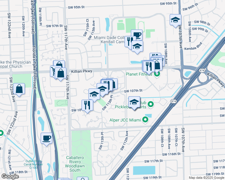 map of restaurants, bars, coffee shops, grocery stores, and more near 10615 Southwest 106th Street in Miami