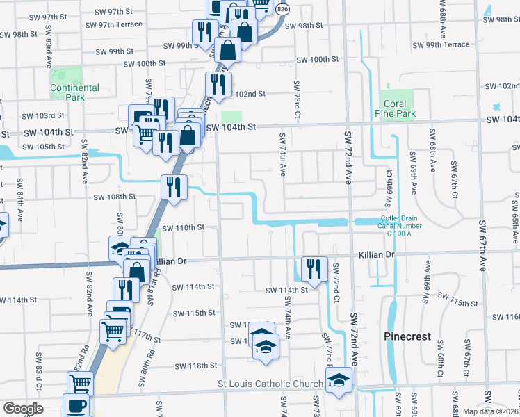 map of restaurants, bars, coffee shops, grocery stores, and more near 10840 Southwest 74th Court in Miami