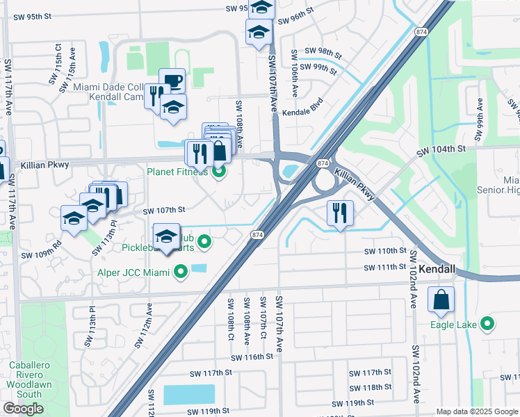 map of restaurants, bars, coffee shops, grocery stores, and more near 10651 Southwest 108th Avenue in Miami