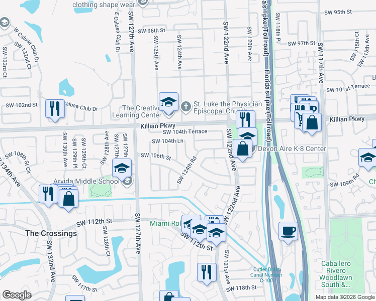 map of restaurants, bars, coffee shops, grocery stores, and more near 10511 Southwest 124th Avenue in Miami