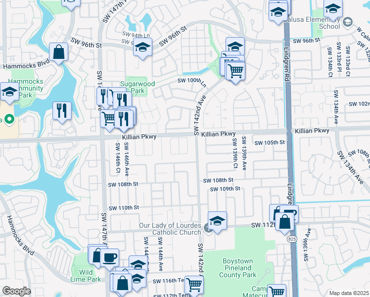 map of restaurants, bars, coffee shops, grocery stores, and more near 10502 Southwest 142nd Court in Miami