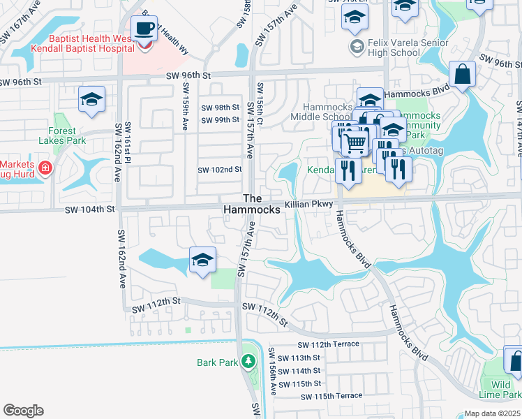 map of restaurants, bars, coffee shops, grocery stores, and more near in The Hammocks