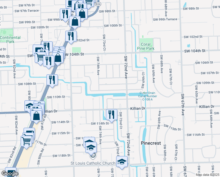 map of restaurants, bars, coffee shops, grocery stores, and more near 7315 Southwest 109th Terrace in Pinecrest