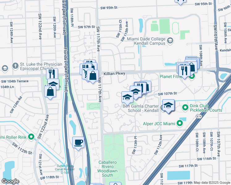 map of restaurants, bars, coffee shops, grocery stores, and more near 11521 Southwest 109th Road in Miami