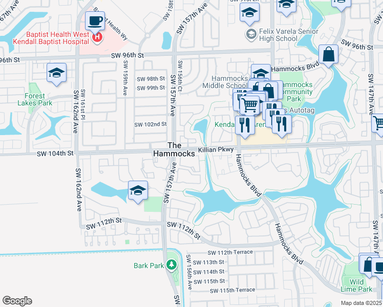 map of restaurants, bars, coffee shops, grocery stores, and more near in The Hammocks