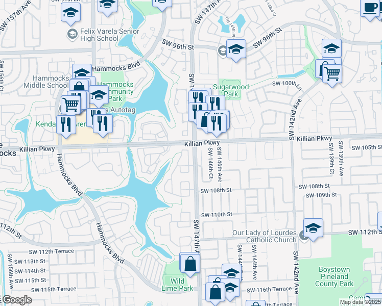 map of restaurants, bars, coffee shops, grocery stores, and more near 10423 Southwest 147th Court in Miami